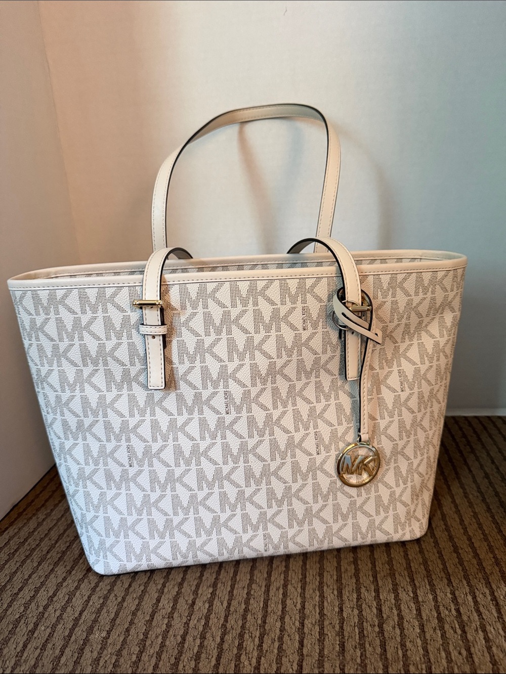 Michael Kors Cream Logo Tote with Gold Charm